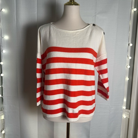 Red and White Striped Crew Neck Sweater - Picture 1 of 7